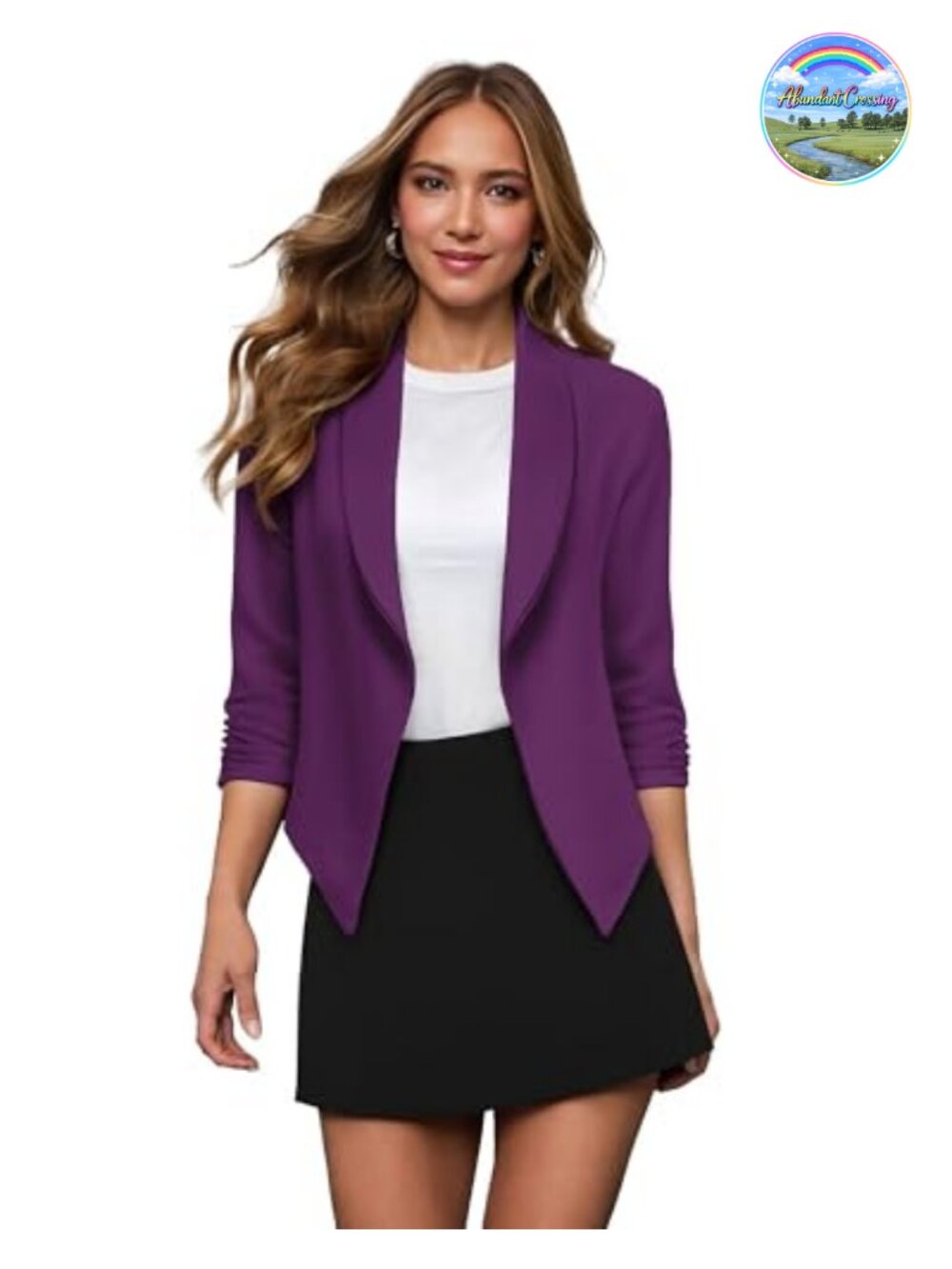 Open Front Ruched Sleeve Blazer 3/4 Sleeve Lightweight Office Work
